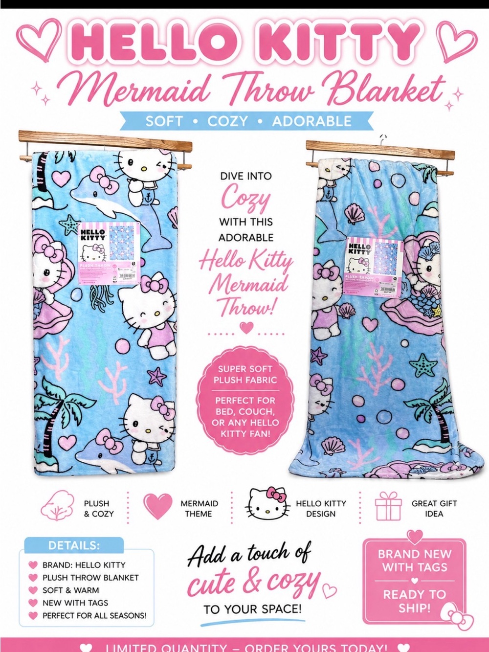 Hello Kitty Light Blue Mermaid Plush Throw Blanket